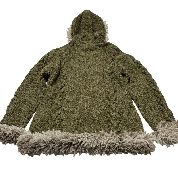 Mitmak Jacket Womens L Green Wool Cable‎ Knit Faux Fur Trim Hooded Indie Boho